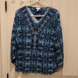 Chico’s Women’s Sz L V-Neck Rhinestone Sparkles 3/4 Sheer Sleeve Abstract Print